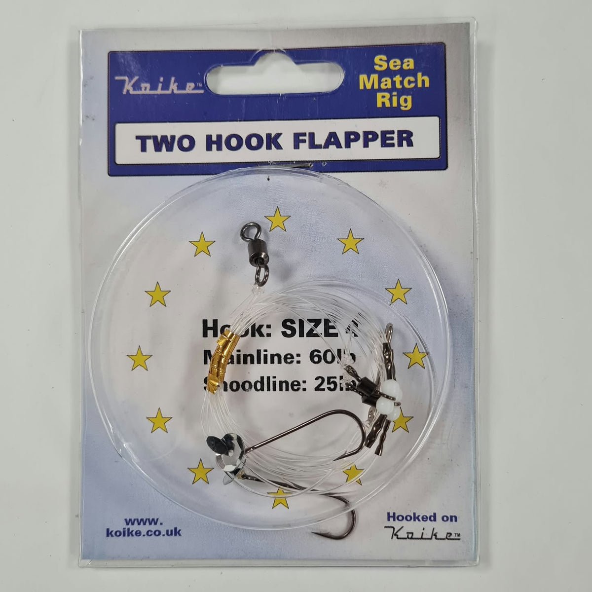 A packaged Koike Sea Match Rig Two Hook Flapper fishing line and hook set, containing a 60lb mainline and 25lb snoodline