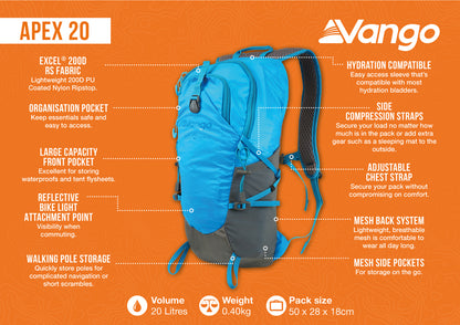 Vango Apex 20 - 20L Rucksack - Atom Blue