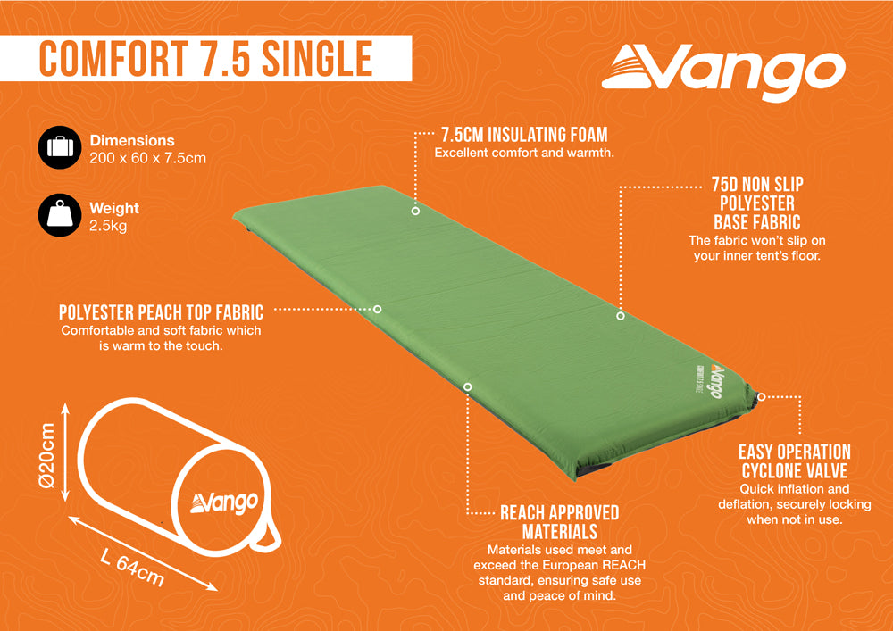Vango Comfort 7.5 Single Self Inflating Mat - Artichoke