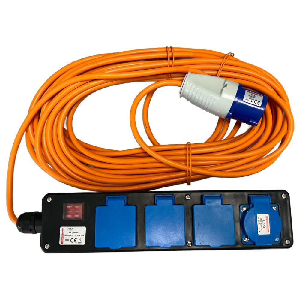Crusader Products 15m Mobile Mains Lead with Mains and USB Sockets