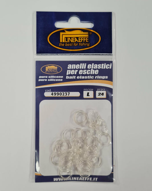 A package of 24 clear silicone fishing bait elastic rings by Lineaeffe, 