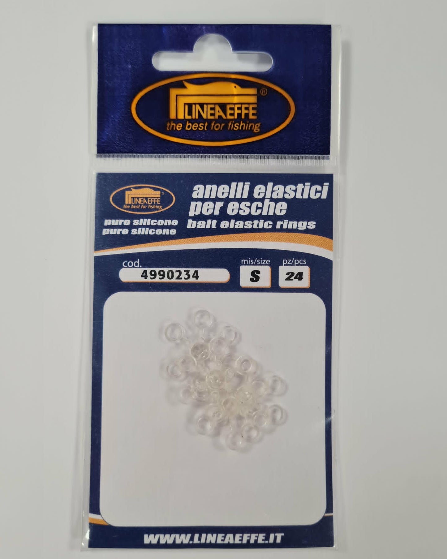 A package of Lineaeffe clear silicone fishing bait elastic rings, size S (24 pieces),