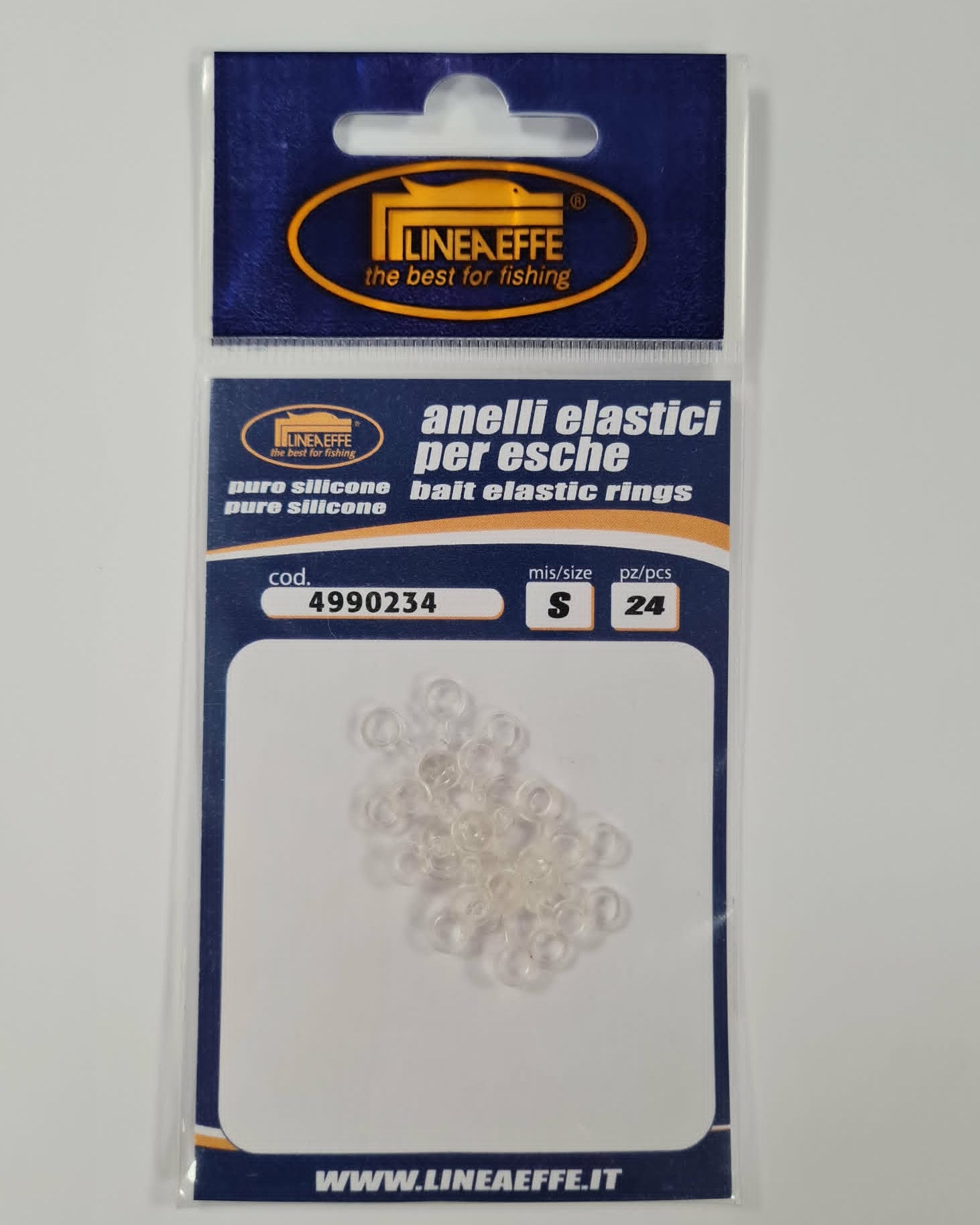 A package of Lineaeffe clear silicone fishing bait elastic rings, size S (24 pieces),