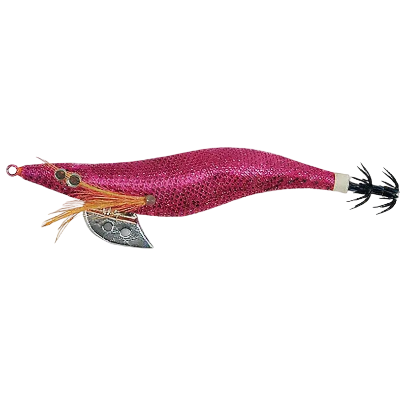 A pink and magenta sequined fishing lure with a silver metal blade, orange-brown skirt strands, and a black tail, displayed on a white textured background.