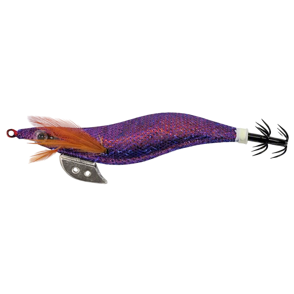 A fishing lure with a glittery purple and blue body, orange feather accents, a metal blade, and black treble hooks, shown on a plain white background with a small 'Made with AI' text in the top right corner.