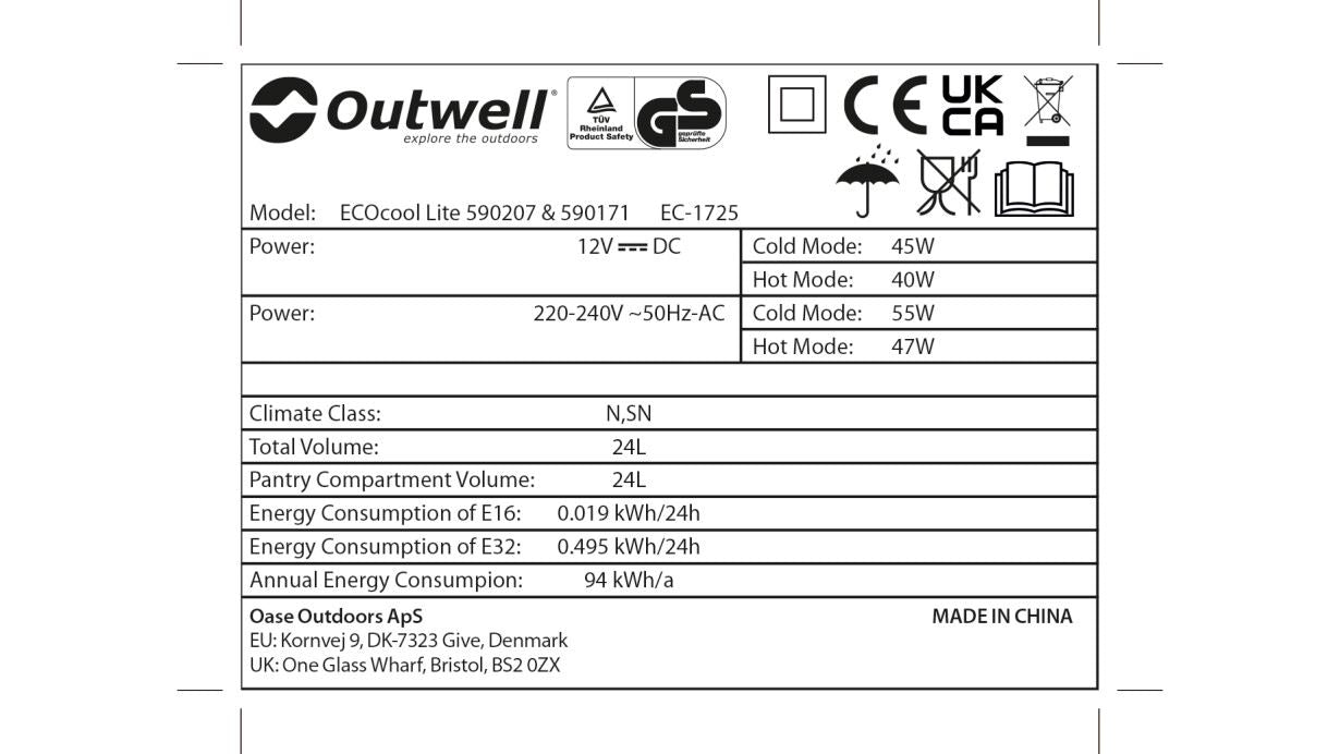 Outwell Electric Coolbox - ECO Prime 24L 12V/230V - Available In Store Only