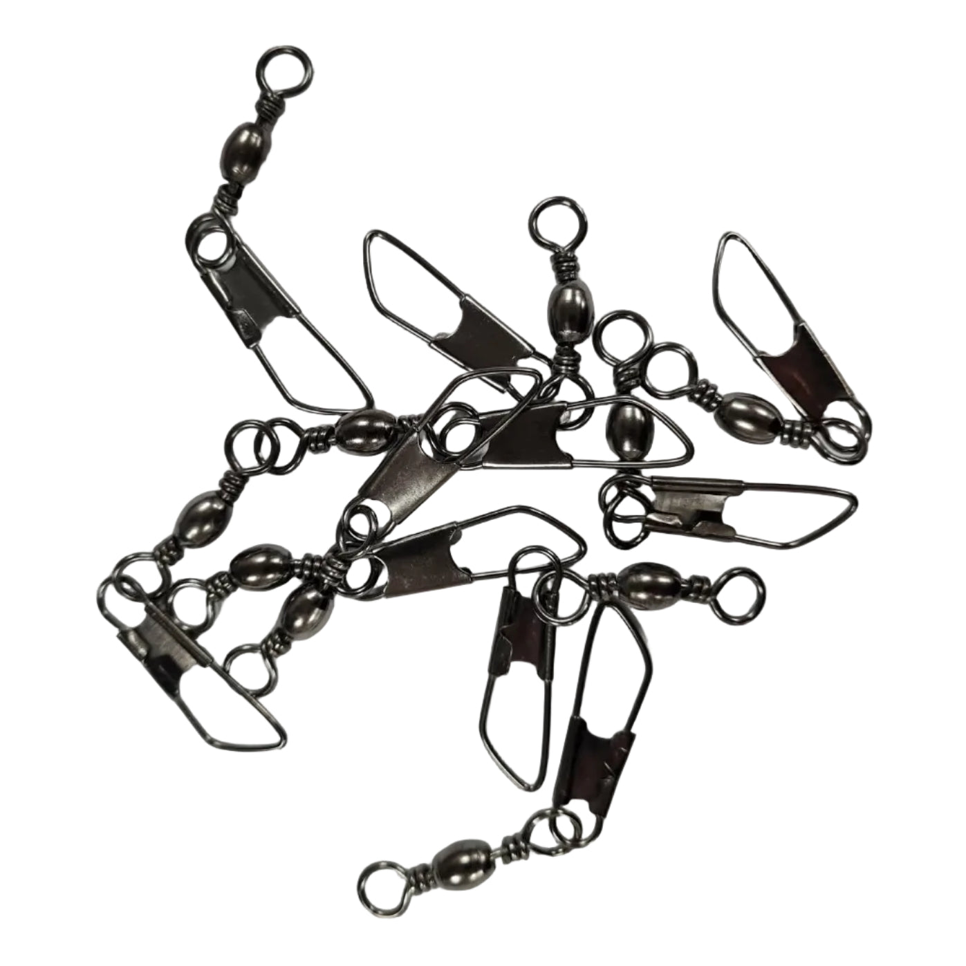 Metal fishing swivel and chain on a white background