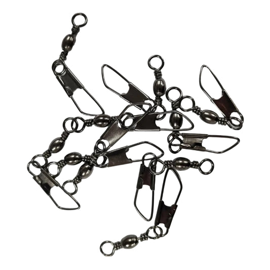 Metal fishing swivel and chain on a white background