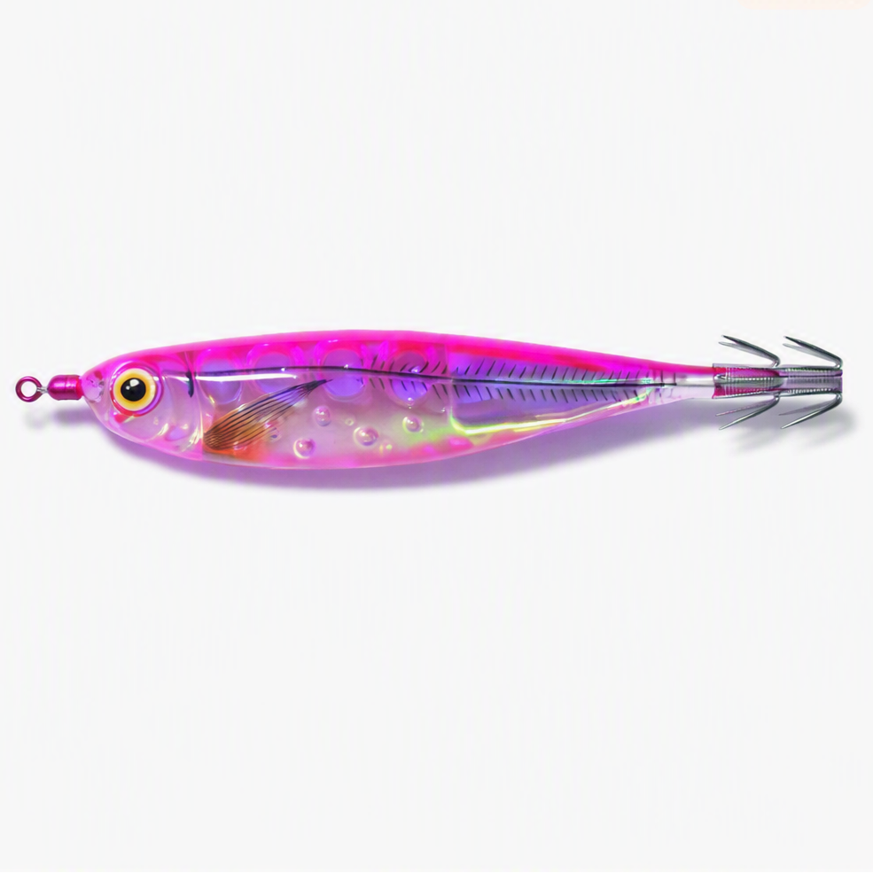 A translucent pink and purple fishing lure with a realistic fish body, gold eye, and black treble hooks, shown on a plain white background with a small 'Made with AI' text in the top right corner.
