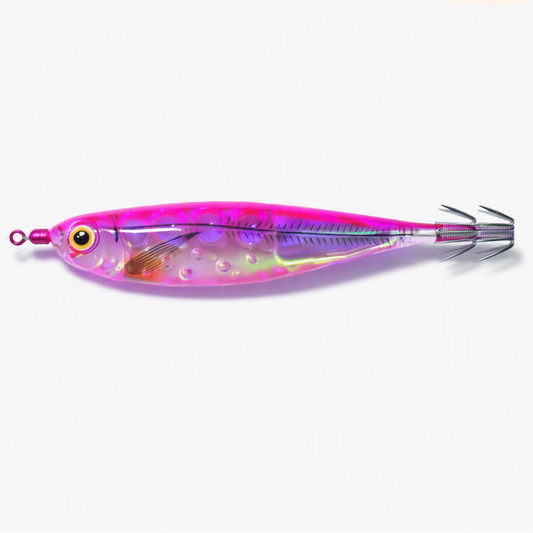 A translucent pink and purple fishing lure with a realistic fish body, gold eye, and black treble hooks, shown on a plain white background with a small 'Made with AI' text in the top right corner.
